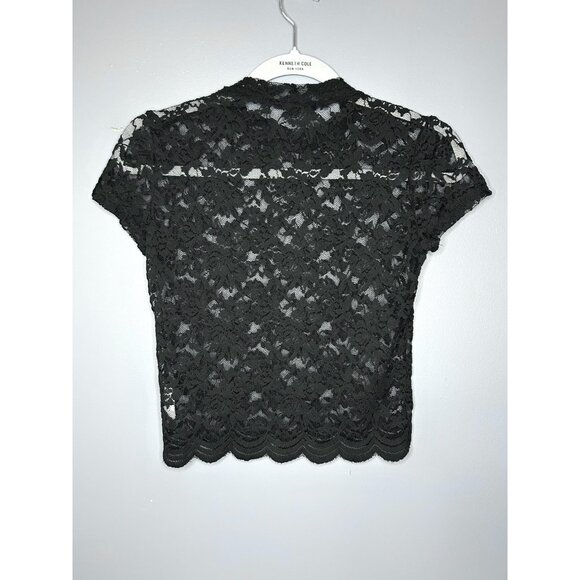 90's Ambiance Shirt Womens S Black Lace Sheer Cap Sleeve Scallop Hem Crop Top - Picture 13 of 14